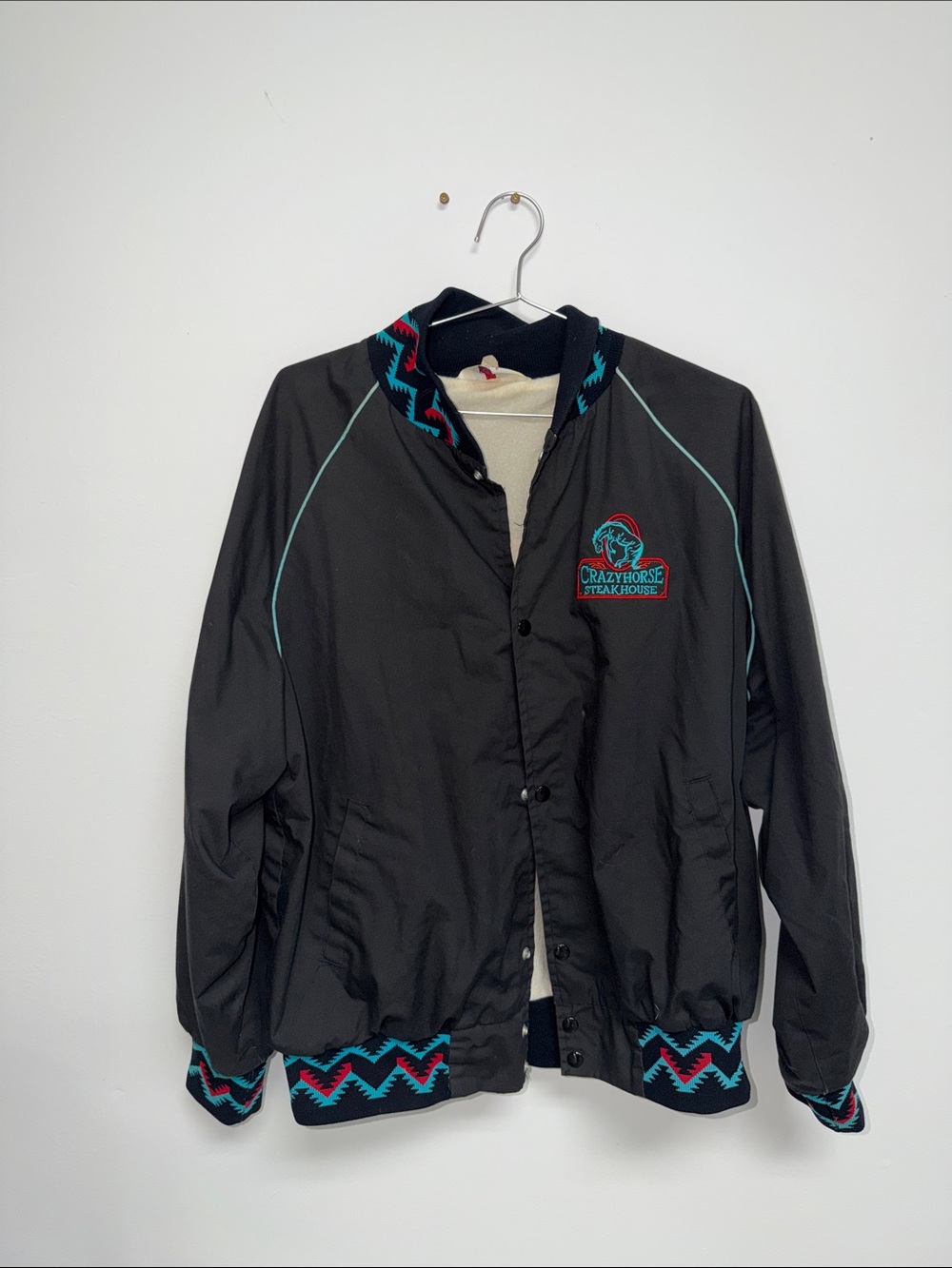 Crazy Horse Vintage Black Bomber Jacket with Turquoise Trim